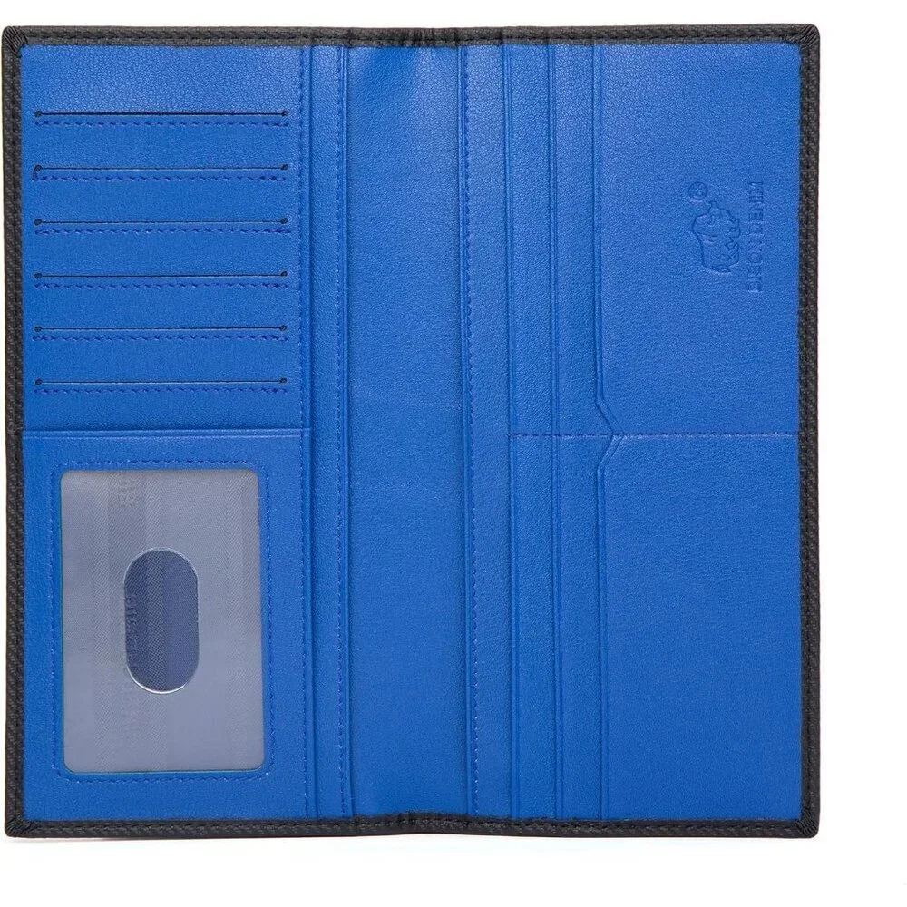 Men's Bifold Long Wallet Card Blue Real Leather Zipper Coin Pocket Design